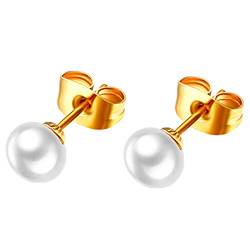 JewelryWe Schmuck Damen Ohrstecker, 7mm Hochwertige Süßwasser Zuchtperlen Edelstahl Perlenohrstecker Ohrringe mit Weiß Echten Perlen, Gold von JewelryWe