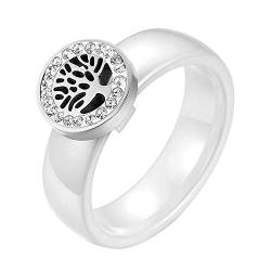 JewelryWe Schmuck Damen-Ring, Elegant Baum des Lebens Edelstahl Strass Keramik Ring Band, Weiß Silber, Größe 54 von JewelryWe