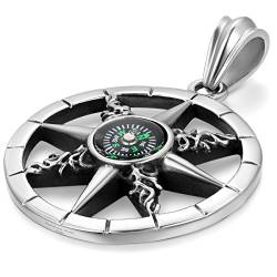 JewelryWe Schmuck Edelstahl Retro Kompass Rad des Lebens Herren-Anhänger mit 55cm Kette, Biker Halskette, Schwarz Silber von JewelryWe