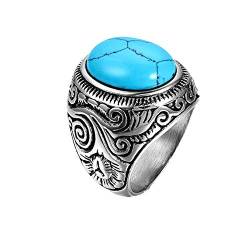 JewelryWe Schmuck Edelstahl Ring künstliche Türkis Silber Blau Motorradfahrer Einzigartig Herren, Größe 62 von JewelryWe