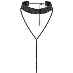 JewelryWe Schmuck Frauen Damen Multi Reihen Strass Choker Halskette Pullover Lange Kette mit Anhänger Halsband, Farben: schwarz von JewelryWe