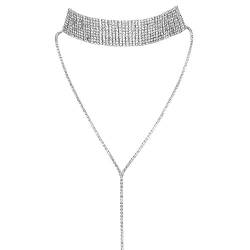 JewelryWe Schmuck Frauen Damen Multi Reihen Strass Choker Halskette Pullover Lange Kette mit Anhänger Halsband Silber von JewelryWe