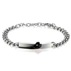 JewelryWe Schmuck Freundschaftsarmband, Lieben Valentinstag Paar Geschenke, Forever Love Gravur Flügel Spindrift Panzerkette Partner Armband für Herren, Zirkonia Edelstahl, Schwarz Silber von JewelryWe