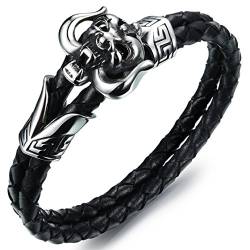 JewelryWe Schmuck Herren Armband, Gotik Dämon Monster Biker Armreif, Leder Echtleder Edelstahl, Schwarz Silber von JewelryWe