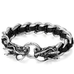 JewelryWe Schmuck Herren Armband, Gotik Drachen Geflochten Panzerkette Armreif, Echtleder Leder Edelstahl, Schwarz Silber von JewelryWe