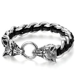 JewelryWe Schmuck Herren Armband, Gotik Wolf Kopf Geflochten Panzerkette Armreif, Echtleder Leder Edelstahl, Schwarz Silber von JewelryWe