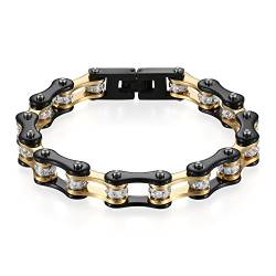 JewelryWe Schmuck Herren Armband, Top-Qualität Fahrradkette Motorradkette Hochglanz Poliert Armkette, Edelstahl Strass, Schwarz Gold von JewelryWe