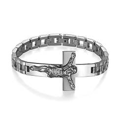 JewelryWe Schmuck Herren Armband mit Jesus Christus Kreuz Edelstahl Kruzifix Biker Link Handgelenk Armreif Armspange Vatertag Geschenk Silber von JewelryWe