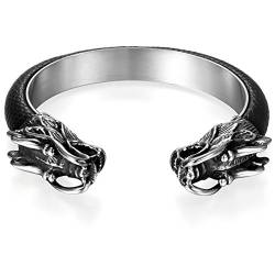 JewelryWe Schmuck Herren Armreif, Wikinger Gegenüber Drache Drachenkopf Biker Offen Armband Armspange, Edelstahl Leder, Schwarz Silber von JewelryWe