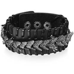 JewelryWe Schmuck Herren Breites Biker Lederarmband, Gotik Punk Rock Drache Geflochten Leder Armband Armreif, Verstellbaren Größen, Schwarz Silber von JewelryWe