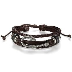 JewelryWe Schmuck Herren Damen Armband, Retro Einzigartig Angelhaken Haken Design Geflochten Armreif, Leder Echtleder Legierung, Braun Silber, Verstellbar Passend für 21~27cm von JewelryWe