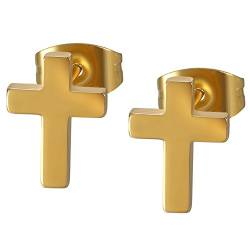 JewelryWe Schmuck Herren Damen Ohrstecker, 10mm Glänzend Poliert Kruzifix Kreuz Ohrringe Ohrschmuck, Edelstahl, Gold von JewelryWe