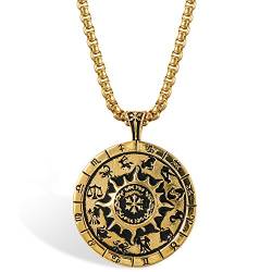 JewelryWe Schmuck Herren Halskette, Edelstahl Retro Klasische Tierkreis Sternzeichen Kompass Anhänger mit 56cm Kette, Gold von JewelryWe