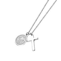 JewelryWe Schmuck Herren Halskette mit Retro Jesus Runder Kreis Tag Kreuz Anhänger Edelstahl Poliert Religiöse Kette 20 Zoll Silber von JewelryWe