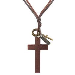 JewelryWe Schmuck Herren Leder Kette Vintage Holzkreuz Schrift Tag Ringe Kreuz Anhänger verstellbare Lange Halskette Lederkette Braun von JewelryWe