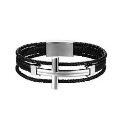 JewelryWe Schmuck Herren Lederarmband, Klassiker Hochglanz Poliert Kreuz geflochten Armband Armreif, Echtleder Leder Edelstahl, Silber Schwarz von JewelryWe