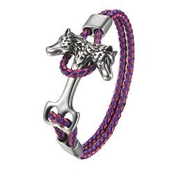 JewelryWe Schmuck Herren Lederarmband Retro Punk doppelt Wolf Kopf Hammer Kordelkette Armband Edelstahl Leder Echtleder Armreif Rosa Lila Silber von JewelryWe