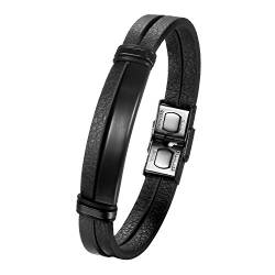 JewelryWe Schmuck Herren Lederarmband mit Gravur Personalisierte Edelstahl Leder Doppelt Seil Poliert Armband Armreif Geschenk für Männer Schwarz von JewelryWe