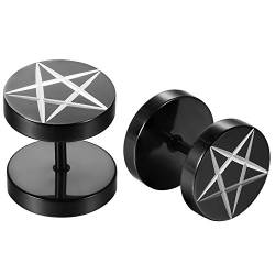 JewelryWe Schmuck Herren Ohrstecker, 8mm Stern Pentagramm Laser Muster Runde Kreis Illusion Tunnel Plug Ohrringe Ohrschmuck, Edelstahl, Schwarz von JewelryWe