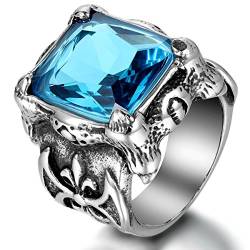 JewelryWe Schmuck Herren-Ring, Edelstahl Glas, Gotik Drachen Klaue Fleur de Lis, Blau Silber, Größe 62 von JewelryWe