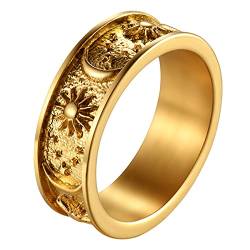 JewelryWe Schmuck Herren-Ring Damen Ring Edelstahl Sonne Stern Mond Verlobungsring Hochzeitring Boho Ring Geschenk für Männer Gold 8mm Größer 56 von JewelryWe