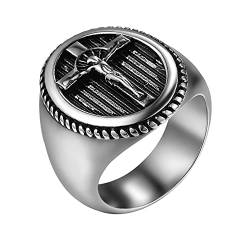 JewelryWe Schmuck Herren-Ring mit Gravur Edelstahl Jesus Kreuz Siegelring Band Silber Gold Größe 64 von JewelryWe