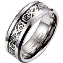 JewelryWe Schmuck Herren Wolframcarbid Ring Band Silber Schwarz Irish Celtic Knot Irischen Keltisch Knoten Drachen Jahrgang Hochzeit Größe 74 von JewelryWe