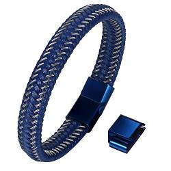 JewelryWe Schmuck Jazz Herren Reines Leder Armband Blau Edelstahl Magnetverschluss Größe einstellbar 8,2 "-8,7" (21-22cm) mit Kostenloser Geschenkpackung von JewelryWe