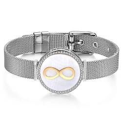 JewelryWe Schmuck Mesh Armband Damen Edelstahl Zirkonia Infinity Unendlichkeit Lieben Zeichen Charms Armkette Armreif Charmband mit Weiß Abalone Muschel Gold Silber von JewelryWe