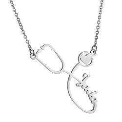 JewelryWe Schmuck Namenskette Damen Edelstahl Personalisierte Halskette Stethoskop Herz Anhänger Kette mit Namen, Geschenk für Frauen Ärztin Krankenschwester (Silber) von JewelryWe