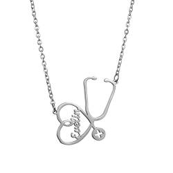 JewelryWe Schmuck Namenskette Damen Edelstahl Personalisierte Halskette Stethoskop Herz Kreuz Anhänger Kette mit Namen, Geschenk für Frauen Ärztin Krankenschwester (Silber) von JewelryWe