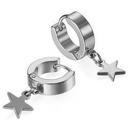 JewelryWe Schmuck Ohrringe Creolen, Edelstahl Huggie Hoop Klappcreolen Ohrpiercing Ohrhänger Ohrstecker mit Stern Anhänger für Herren Damen Silber von JewelryWe