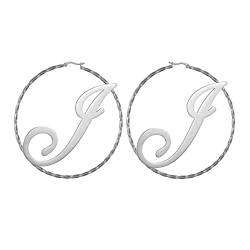 JewelryWe Schmuck Personalisiert Damen Ohrringe Creolen mit Name, Edelstahl Große Gedrehte Rund Kreis Ohrstecker Mädchen Geschenk 30mm Silber von JewelryWe