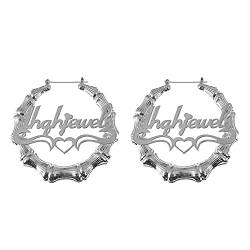 JewelryWe Schmuck Personalisiert Damen Ohrringe Creolen mit Name, Edelstahl Große Kreis Bambus Ohrstecker Mädchen Geschenk 40mm Silber von JewelryWe