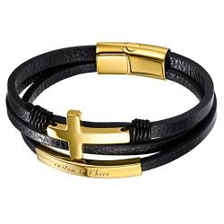 JewelryWe Schmuck Personalisierte Armband Herren Lederarmband Gravur Retro Kreuz Handgefertigt Leder Geflochten Mehrreihig Armreif Manschette mit Edelstahl Magnetverschluss, Schwarz Gold von JewelryWe