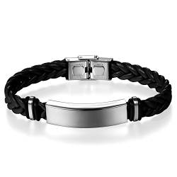 JewelryWe Schmuck Personalisierte Herren Damen Geflochten Leder Armband Armreif mit Edelstahl-Schild Lederarmband schwarz Gravur von JewelryWe