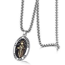 JewelryWe Schmuck Retro Herren Halskette Edelstahl Heilig Saint Jude Thaddeus Jesus Oval Medaille Anhänger mit 22 Zoll Kette Gold Silber von JewelryWe