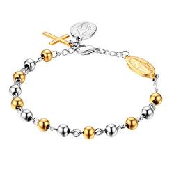 JewelryWe Schmuck Rosenkranz Armband Edelstahl Jungfrau Maria Katholischen Heiligen Gottes Mutter Kreuz Anhänger Perle Kugelkette Armreif Armkette für Herren Damen Silber Gold von JewelryWe