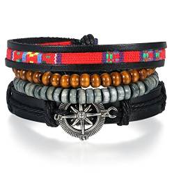 JewelryWe Schmuck Tibet WICKELARMBAND Serie Leder Armband Armreif Surferarmband für Herren Damen Unisex, Retro Kompass Anhänger mit Holz Perlen von JewelryWe