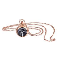 JewelryWe Taschenuhr Damen Elegant Baum des Lebens Analog Quarz Uhr mit Halskette Kette Pocket Watch Geschenk Rosegold von JewelryWe