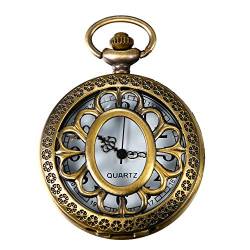 JewelryWe Taschenuhr Retro Sonnenblume Hohe Openwork Analog Quarz Uhr mit Halskette Kette Uhren Pocket Watch Geschenk Bronze von JewelryWe
