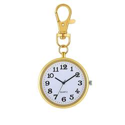 JewelryWe Taschenuhr Uhr mit Karabiner Schlüsselanhänger: Damen Herren Karabineruhr Klassische Einfache Analog Quarz Uhren mit Gold Rundem Gehäuse und großen Arabischen Zahlen Zifferblatt von JewelryWe