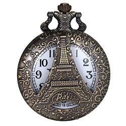 JewelryWe Taschenuhr Vintage Eiffelturm Hohle Openwork Quarz Analog Uhr mit Kette Halskette Bronze Geschenk für Herren Damen von JewelryWe