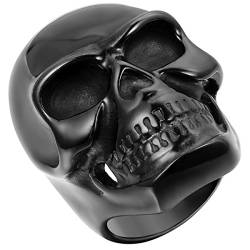 JewelryWe Totenkopf Ring Herren Edelstahl: Schwarz Biker Herren-Ring Gotik Große Schwer Schädel Skull Fingerring Männer Band mit Gravur Geschenk Größe 67 von JewelryWe