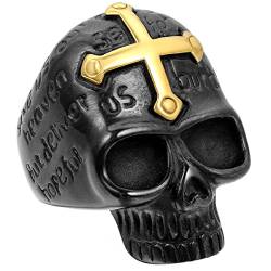 JewelryWe Totenkopf Ringe Herren Edelstahl: Biker Herren-Ring Gold Kreuz Schwarz Totenkopf Schädel Skull Ring Gotik Punk Männer Bandring Band mit Gravur Größe 57 von JewelryWe