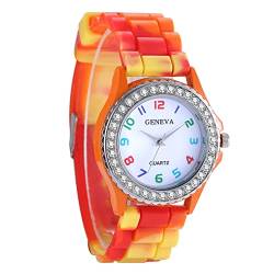 JewelryWe Uhren Damen Analog Quarz Armbanduhr Strass Camouflage Tarnmuster Beiläufige Uhr mit Silikon Armband Orange von JewelryWe