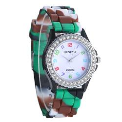 JewelryWe Uhren Damen Analog Quarz Armbanduhr Strass Camouflage Tarnmuster Beiläufige Uhr mit Silikon Armband Schwarz von JewelryWe