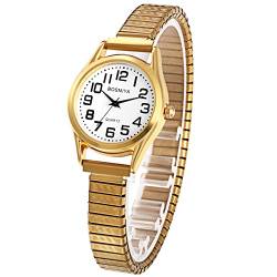 JewelryWe Uhren Damen Elastisch Edelstahl: Klassische Einfache Analog Quarz Armbanduhr Frauen Gold Edelstahl Stretch-Armband Business Freizeit Uhr Damenuhr mit großen arabischen Zahlen Zifferblatt von JewelryWe