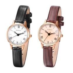 JewelryWe Uhren Damen Leder Damenuhr: 2pcs Vintage Klein Analog Quarz Armbanduhr Frauen Schmal Krokodilmuster Leder Armband Uhr mit Rundem Römischen Ziffern Zifferblatt von JewelryWe