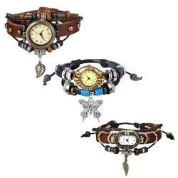 JewelryWe Uhren Damen Leder Geflochten - 3pcs Vintage Feder Schmetterling Blatt Analog Quarz Armbanduhr Frauen Retro Uhr mit mehrschichtig geflochten Leder Armband Wickelarmband von JewelryWe